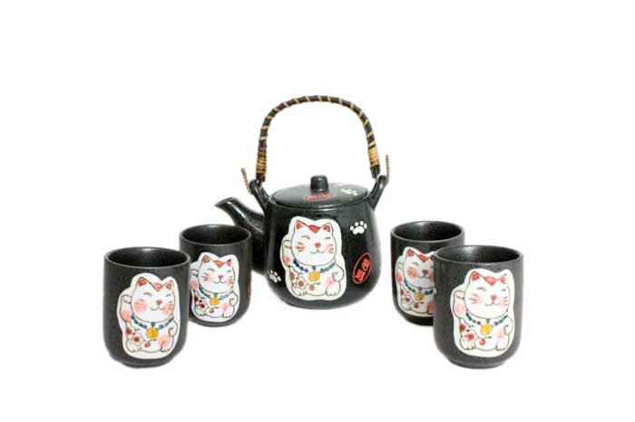 Ceramic Black Fortune Cat Tea Set